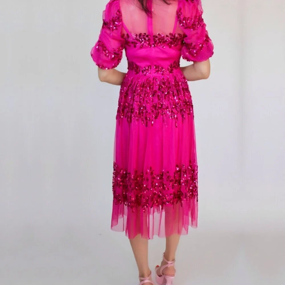 Sequin Hot Pink Midi Spring Dress